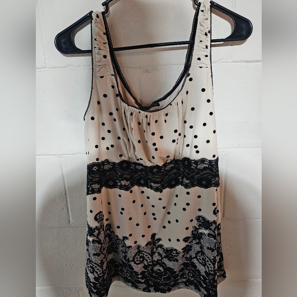 Maurices Women's large tank top, off white with black polka dot/lace detail